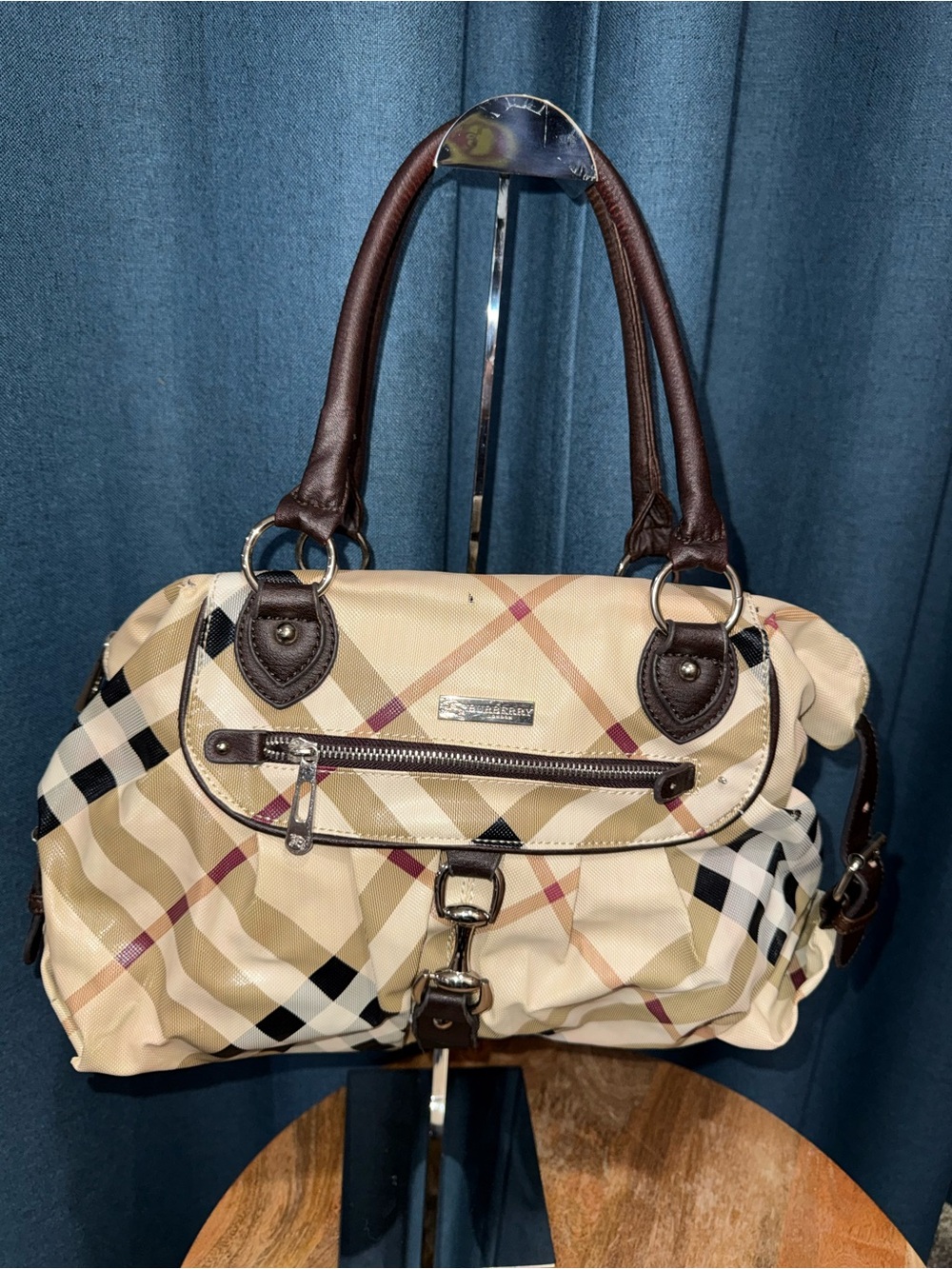 Burberry Beige Check Satchel with Dark Brown Leather Trim